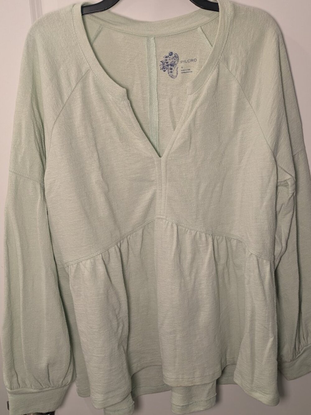 Pilcro Top Womens XL Mint Green French Terry Split Neck Peplum Comfy Long Sleeve